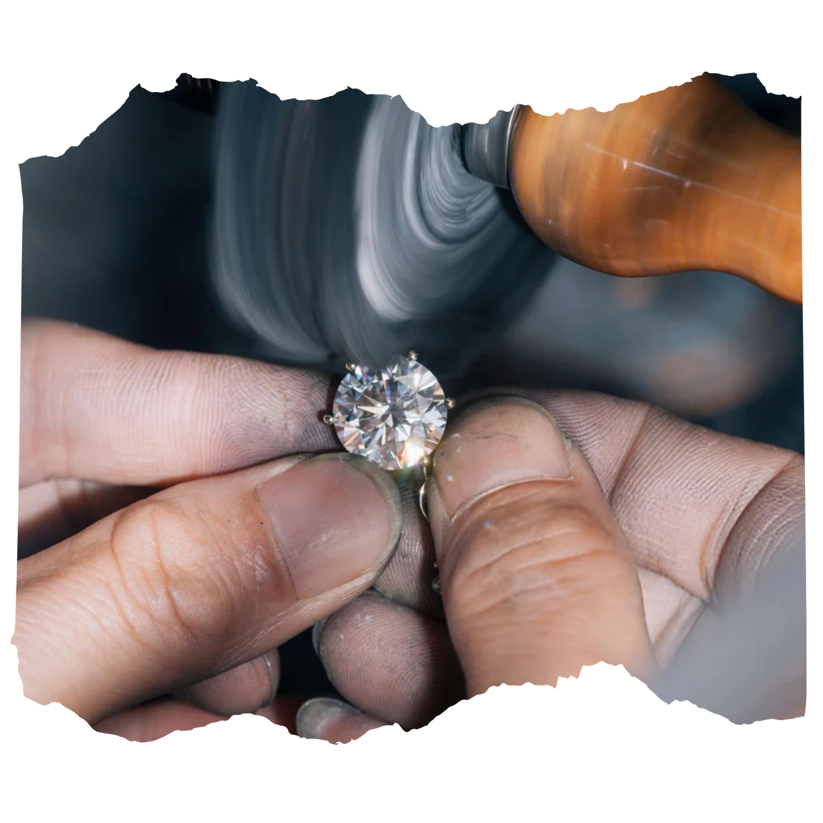 Close-up view of a cremation diamond undergoing precision cutting and polishing during synthesis.