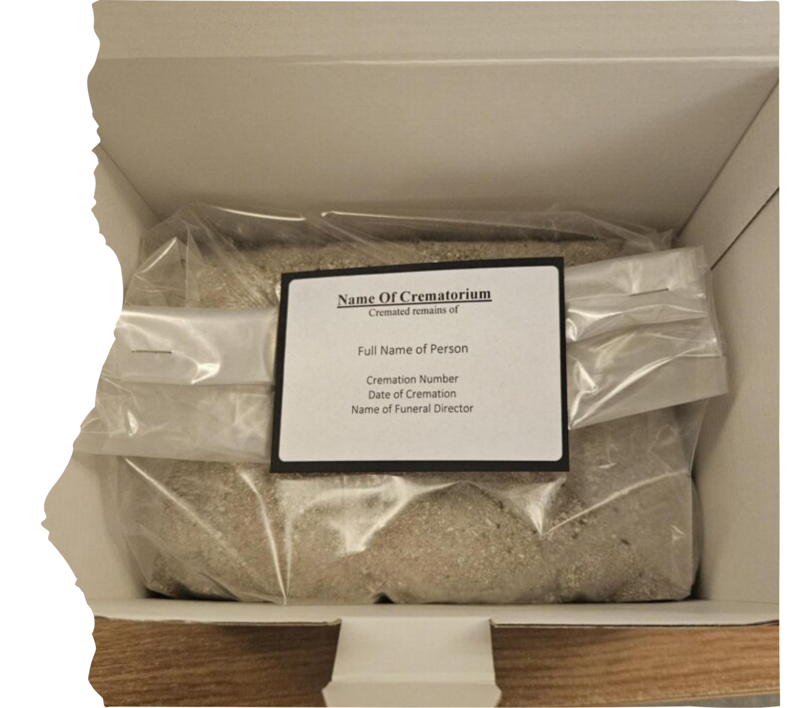 A securely packaged sample of cremated remains labeled with tracking details, ready for safe shipping to the memorial diamond laboratory.