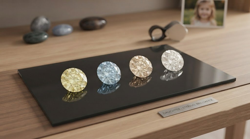 A row of lab-grown memorial diamonds graded from deep yellow through champagne to pale blue on a white tray daughter ashes hair diamond color