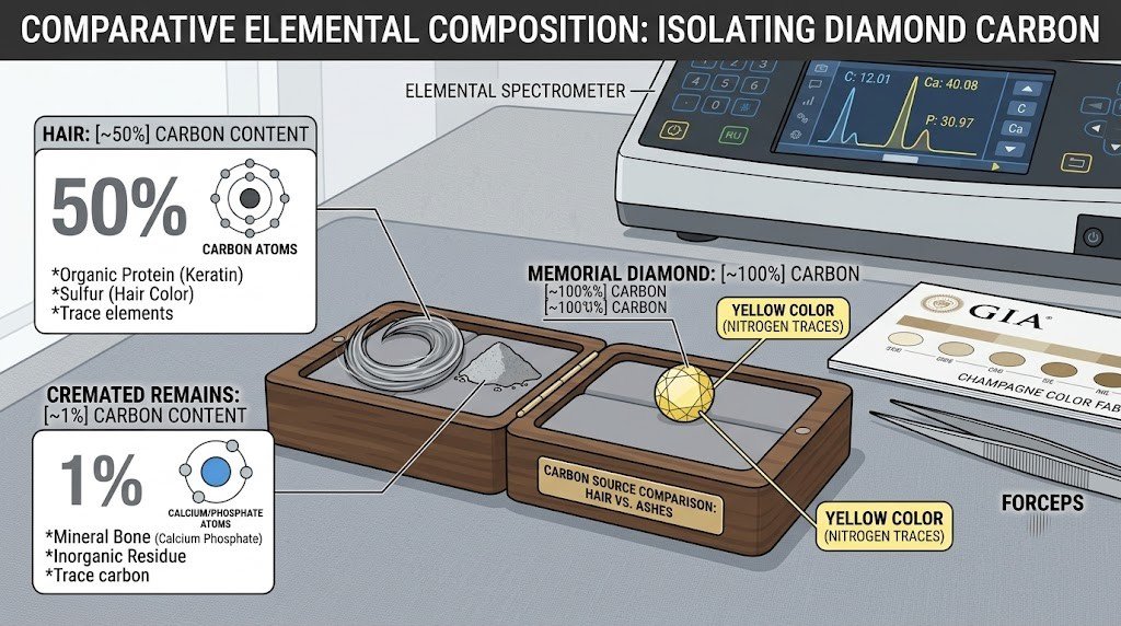 A hair sample and a portion of cremated remains side by side with their very different carbon content labeled A simple explanatory graphic works better than a photograph