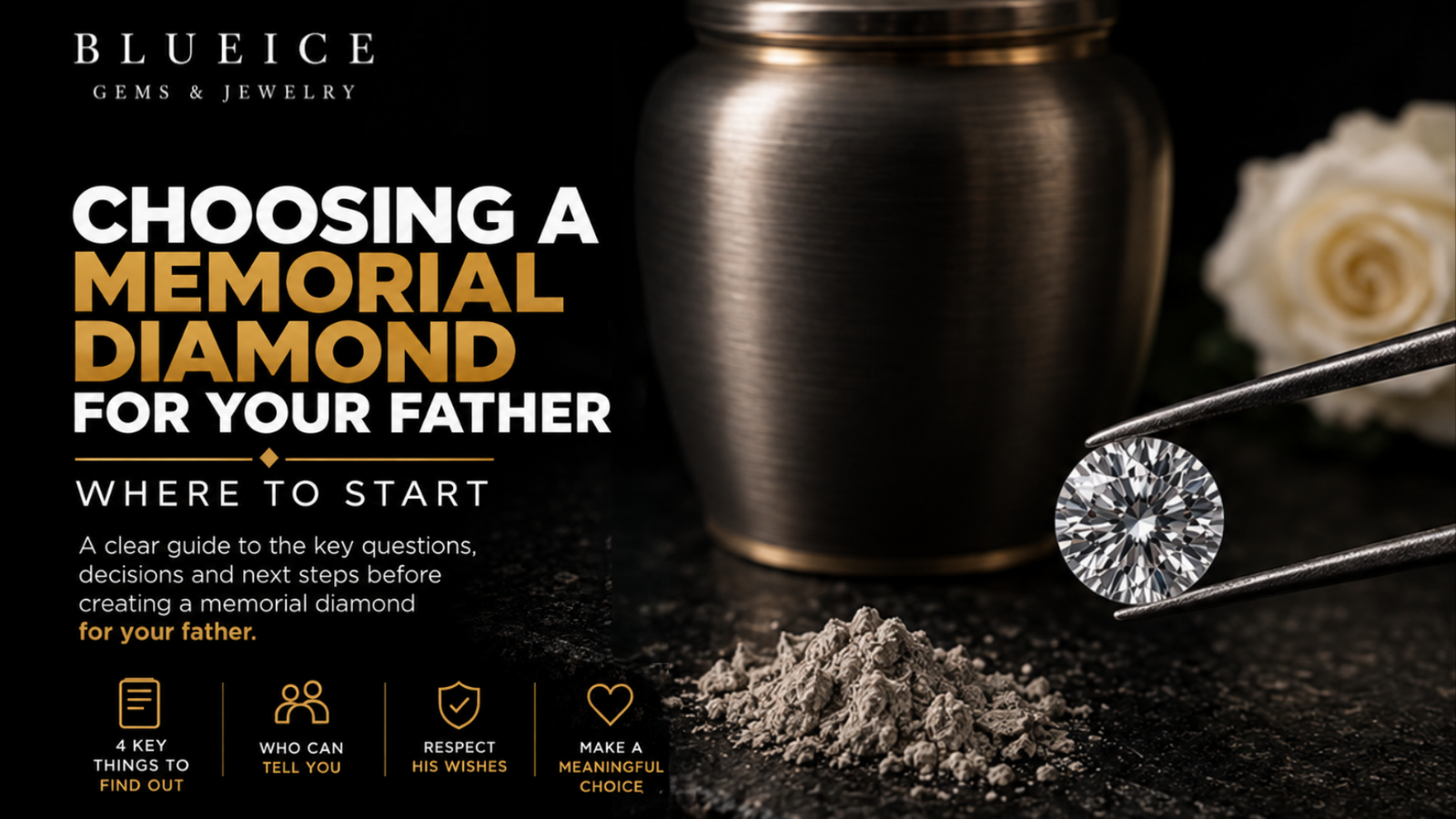 Choosing a memorial diamond for your father with an urn, ashes, and diamond in tweezers