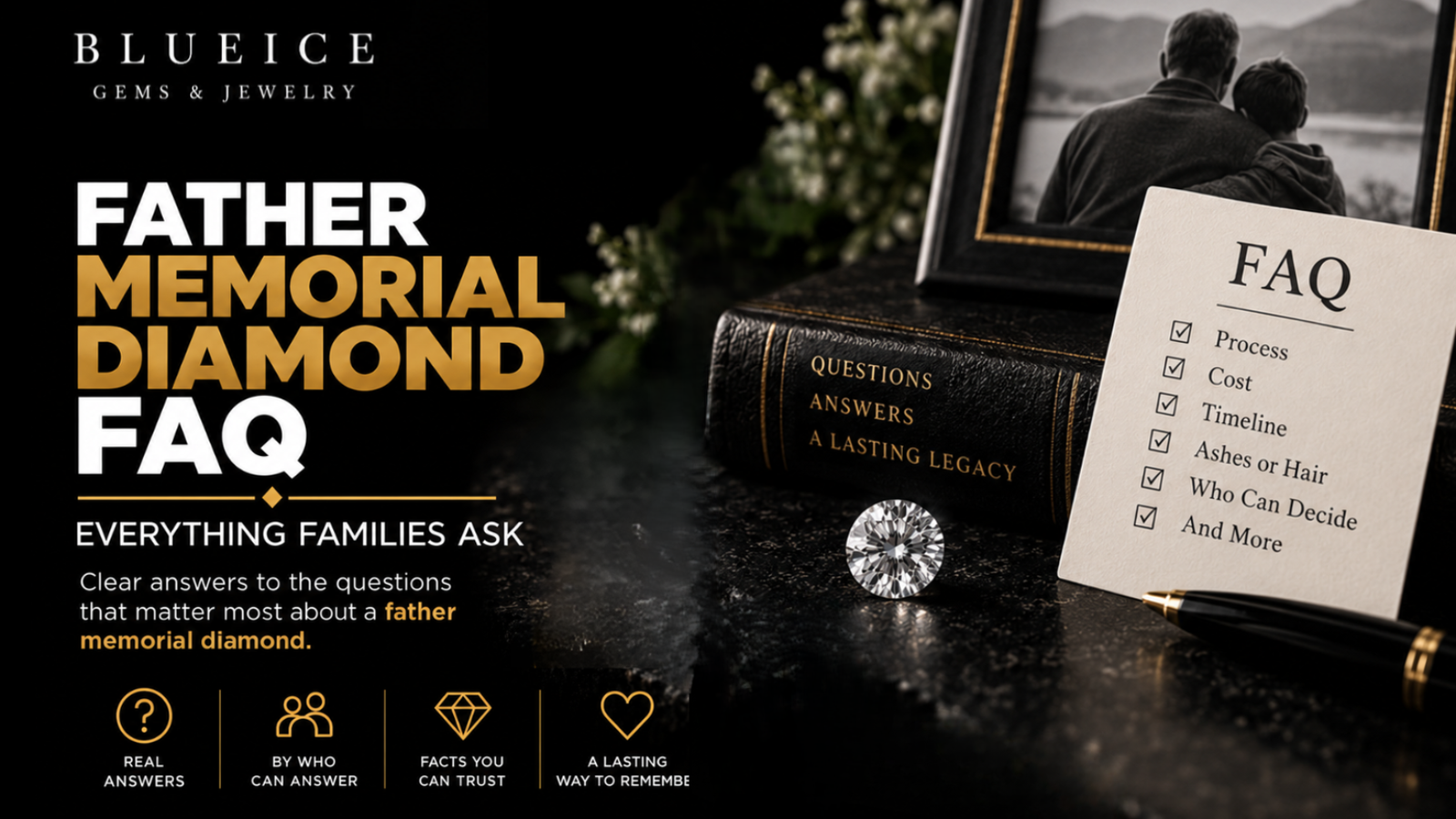 Father memorial diamond FAQ featuring a diamond, remembrance photo, and questions about the memorial diamond process