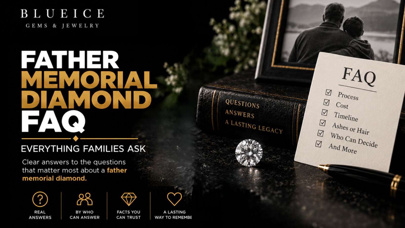 Father memorial diamond FAQ featuring a diamond, remembrance photo, and questions about the memorial diamond process