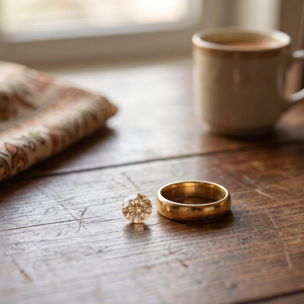 Husband ashes diamond: a small champagne-toned lab-grown memorial diamond beside a plain gold wedding band on a wooden table 