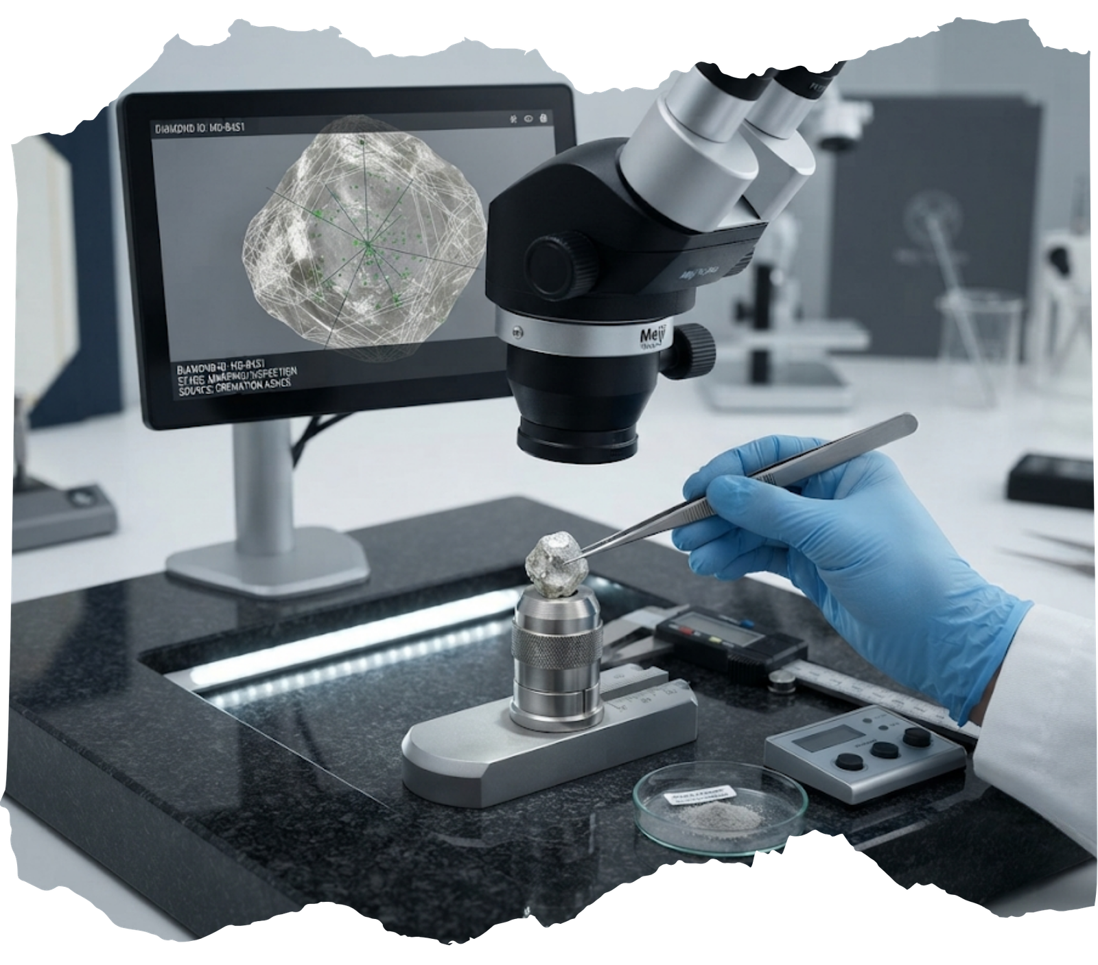 A master gem-cutter carefully analyzes a raw memorial diamond under high-power magnification, mapping its inclusions and crystal structure to plan the optimal cut and maximize yield.