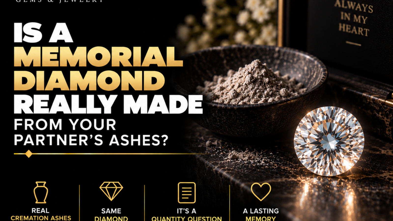 Memorial diamond made from a partner’s cremation ashes, shown beside real ashes and a sparkling diamond on a luxury black jewelry setting.