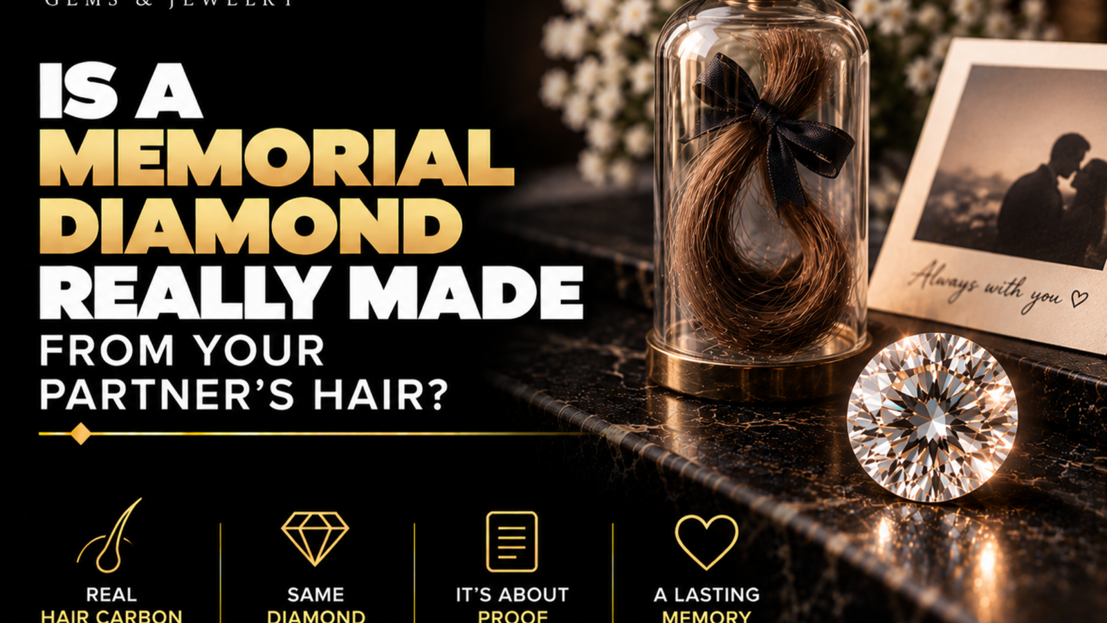 Memorial diamond made from a partner’s hair, shown with a preserved lock of hair, sparkling diamond, keepsake photo, and flowers on a luxury black jewelry setting.