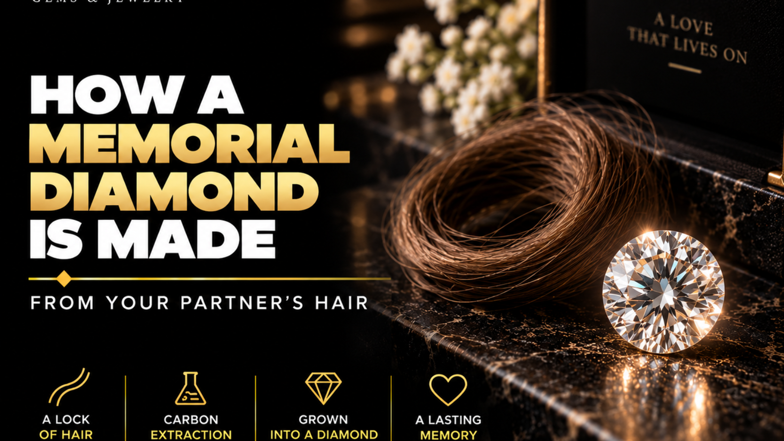 : Memorial diamond made from a partner’s hair, shown with a lock of hair and a sparkling diamond on a luxury black jewelry setting.
