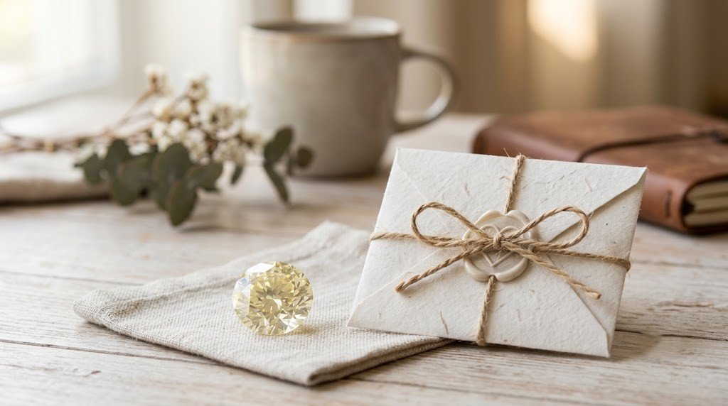 Pale yellow lab-grown memorial diamond made from partner hair resting beside a small sealed envelope 