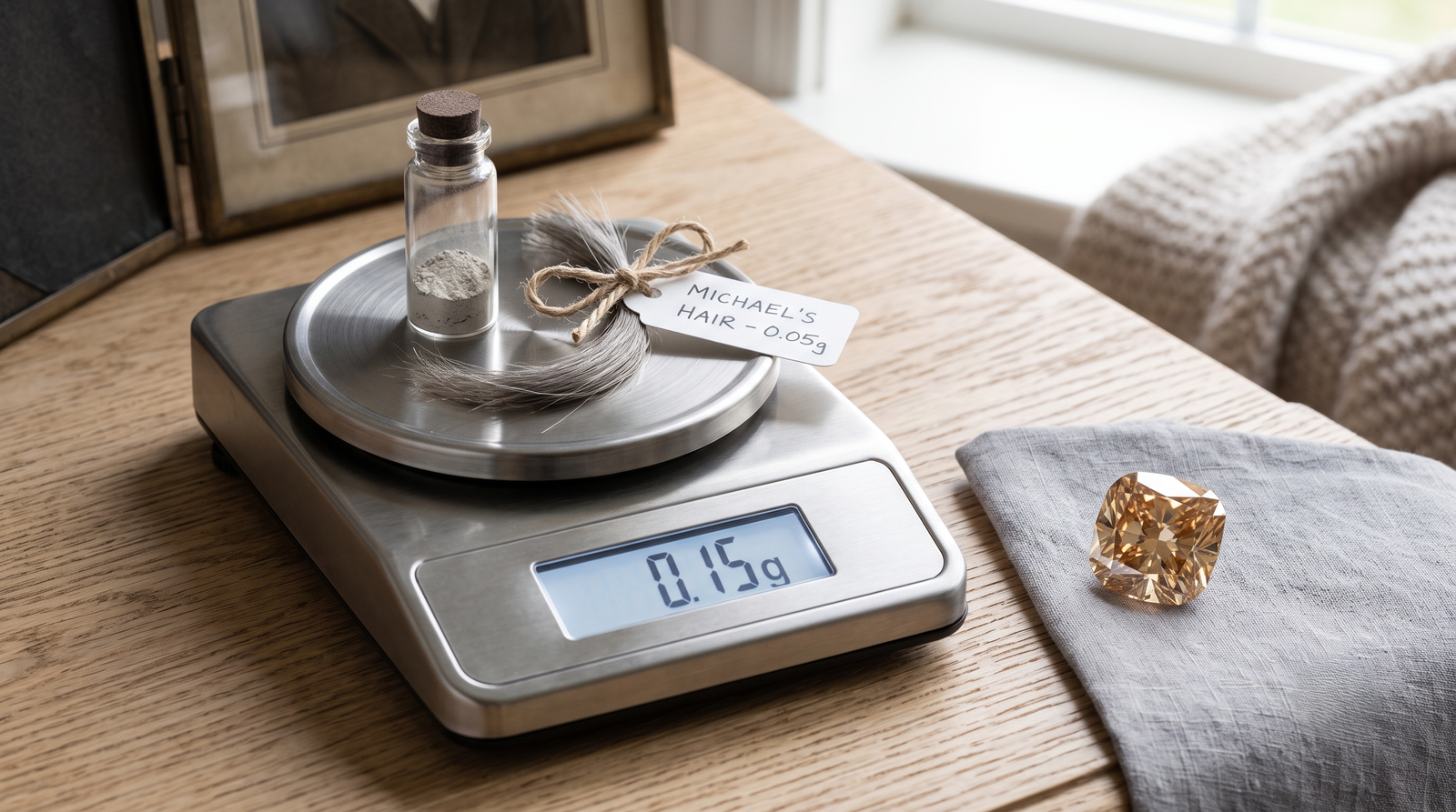  Husband memorial diamond: a small sealed portion of cremated remains and a small labelled lock of hair on a scale, beside a champagne-toned lab-grown diamond 