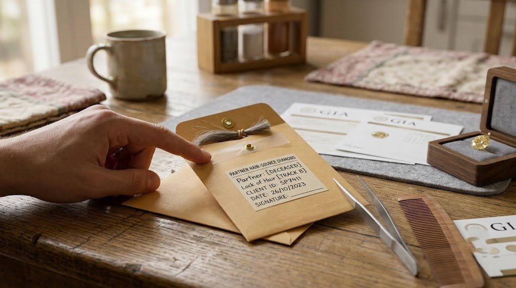 Partner hair diamond starting material: a small lock of hair beside a handwritten, dated paper envelope on a wooden table