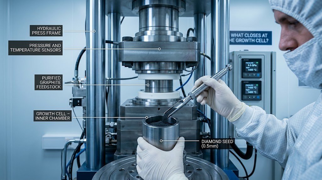  Purified graphite feedstock being loaded into an HPHT growth cell around a diamond seed