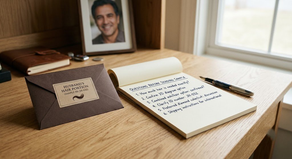 Small labeled envelope of hair beside a notepad of husband hair diamond questions to ask before sending a sample