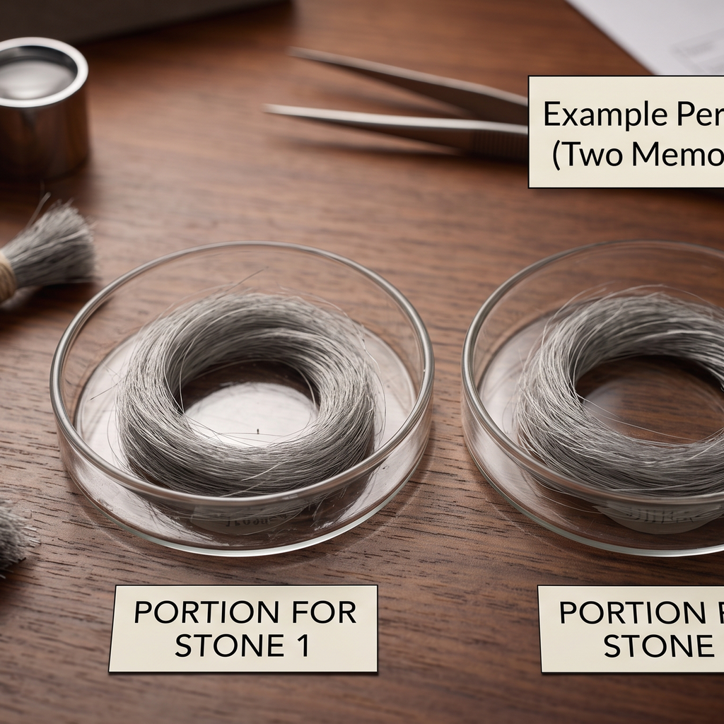 A single lock of hair laid beside two small labeled portions, illustrating the per-stone figure for two memorial diamonds