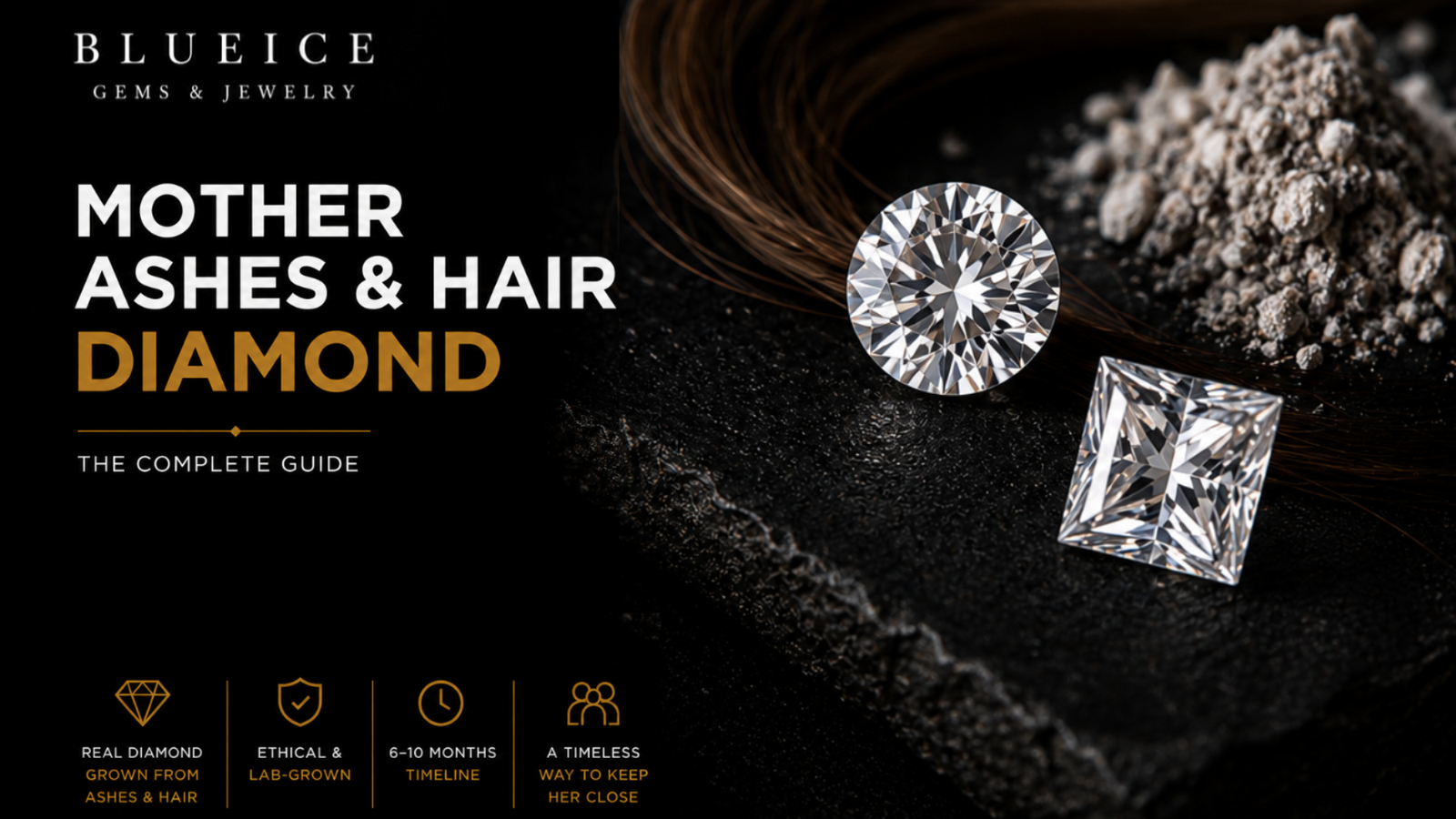 Memorial diamond created from a mother's ashes and hair with two sparkling diamonds, ashes, and a lock of hair