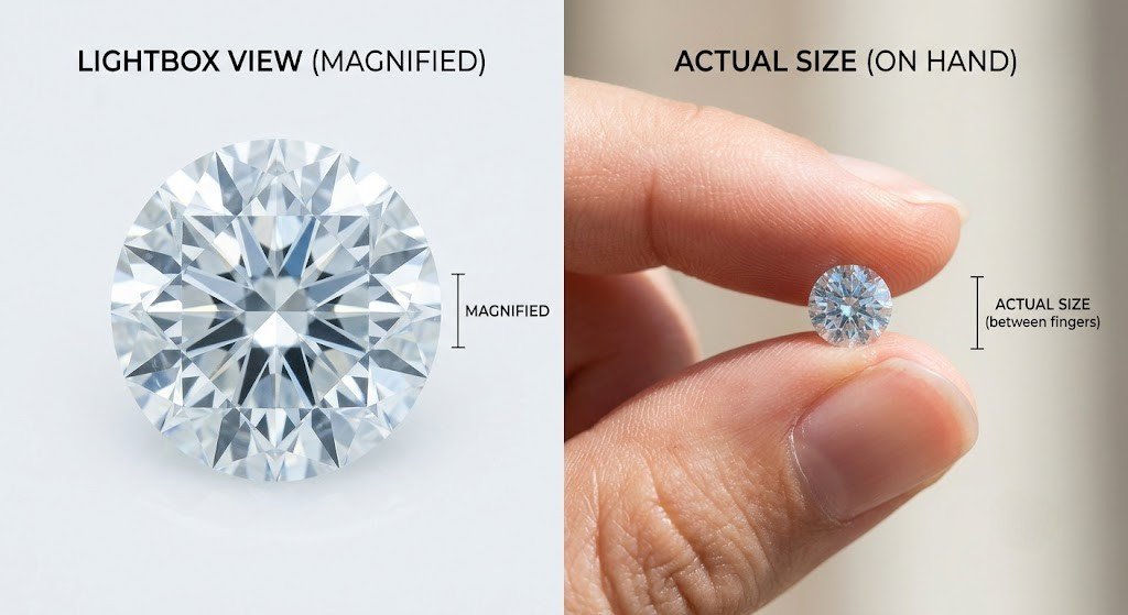 The same loose memorial diamond shown twice, once magnified in a lightbox and once at actual size between finger and thumb