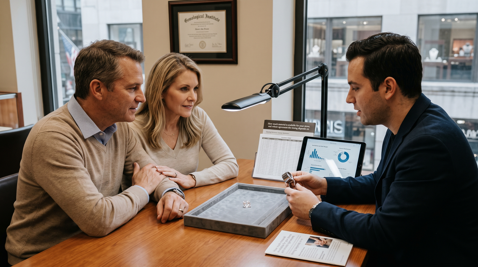 How much material is available for your stone, and whose agreement the timing depends on | A carat is chosen privately and then has to be renegotiated when someone else asks for a stone