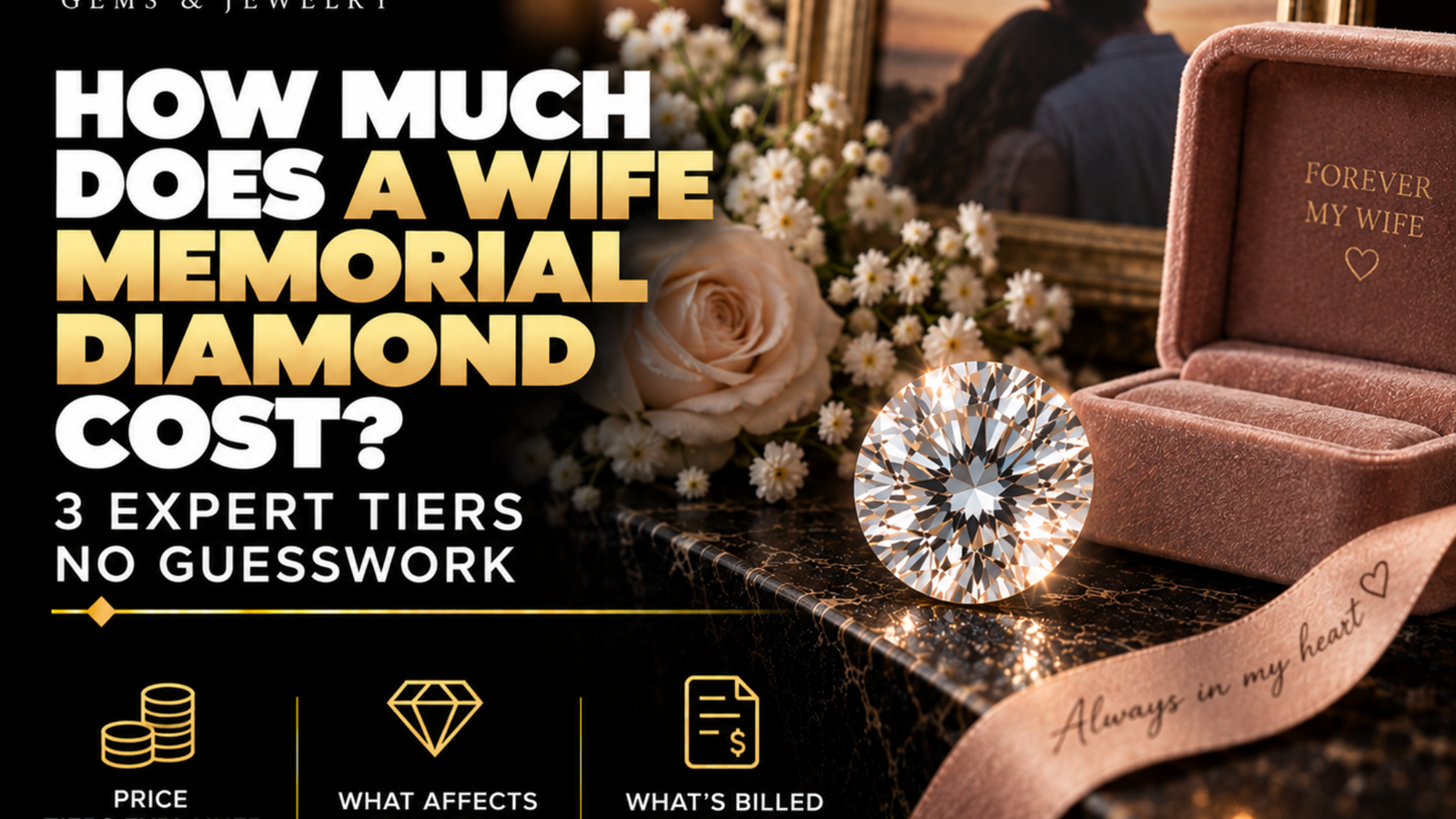 Wife memorial diamond with a sparkling diamond, elegant keepsake box, flowers, and framed couple photo on a luxury black and gold jewelry setting.