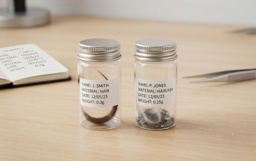 Two sealed containers being labeled with name, material, date collected, and weight | Flag for original photography — this image carries the post's core instruction. |