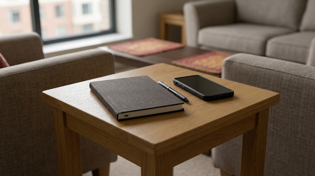 A closed notebook and a phone resting on a side table in a quiet room, nobody in frame