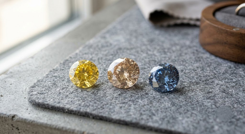 Partner ashes diamond color range shown as three loose memorial diamonds in yellow, champagne and blue on a plain gray surface
