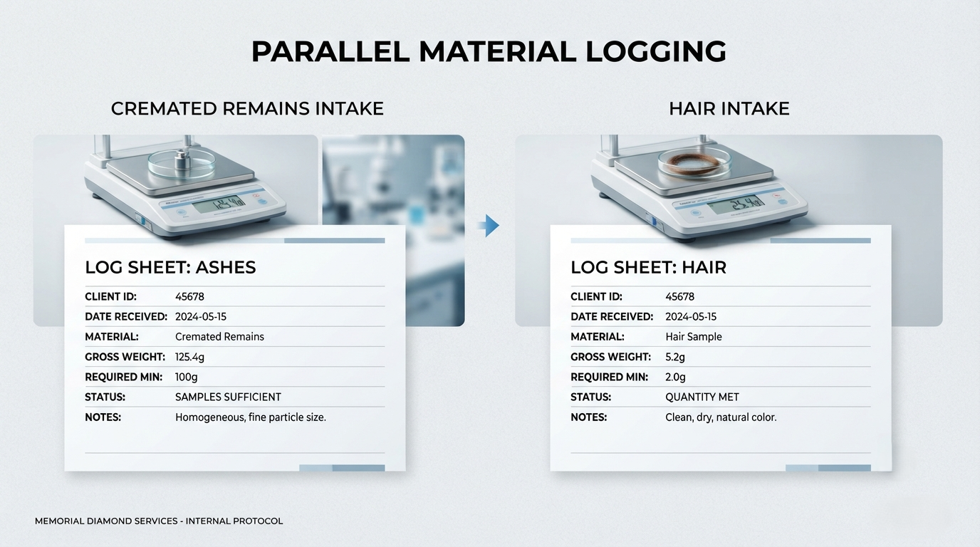 Two intake sheets and two scales, each logging a different material against its own requirement
