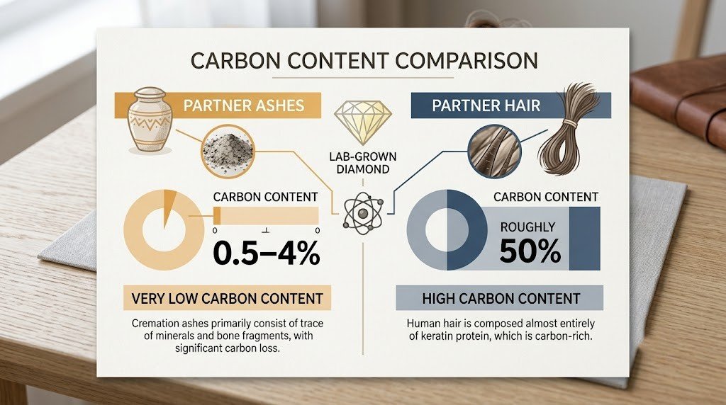 Comparison graphic showing cremated remains at 0.5–4% carbon beside hair at roughly 50% carbon