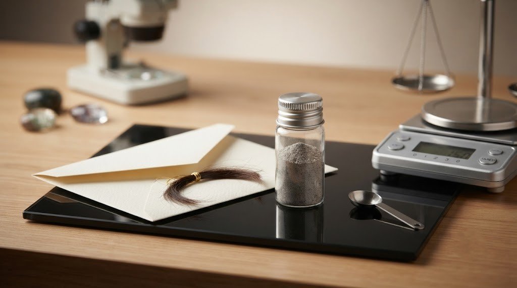 Measuring ash and hair for a daughter memorial diamond: a small sealed ash container beside a paper envelope holding a lock of hair