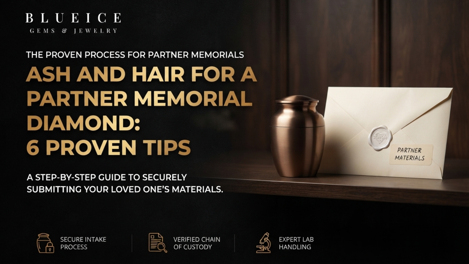 A closed urn on a shelf beside a sealed paper envelope, the two forms ash and hair for a partner memorial diamond arrive in