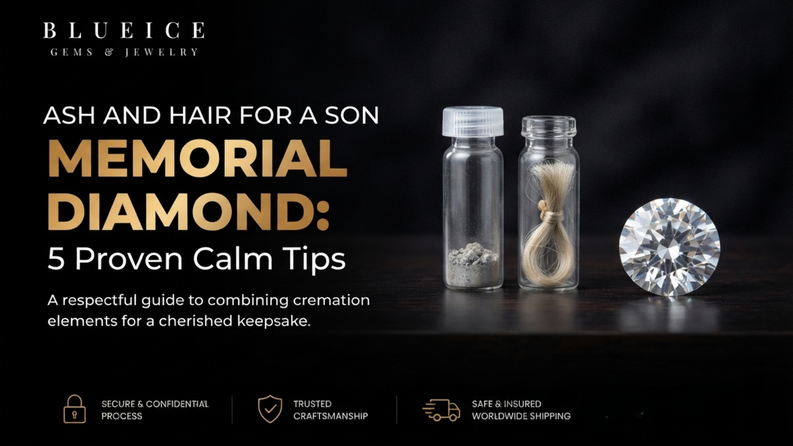 Ash and hair for a son memorial diamond laid out as two sealed sample containers beside a finished stone