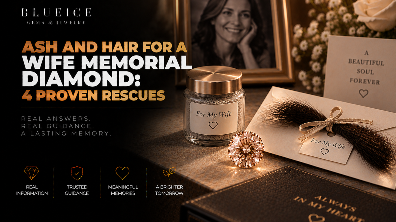 Ash and hair for a wife memorial diamond: a small sealed ash container and a tied lock of hair in a paper envelope, both labeled with the same reference, beside a loose champagne lab-grown diamond