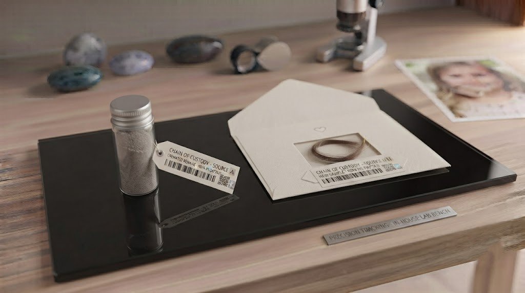 Two labeled laboratory containers, one holding cremated remains and one holding a small lock of hair