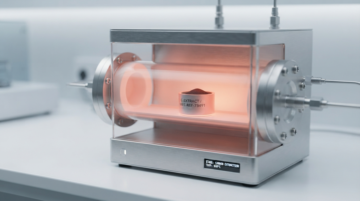 A labeled crucible inside an oxygen-free laboratory furnace during carbon extraction