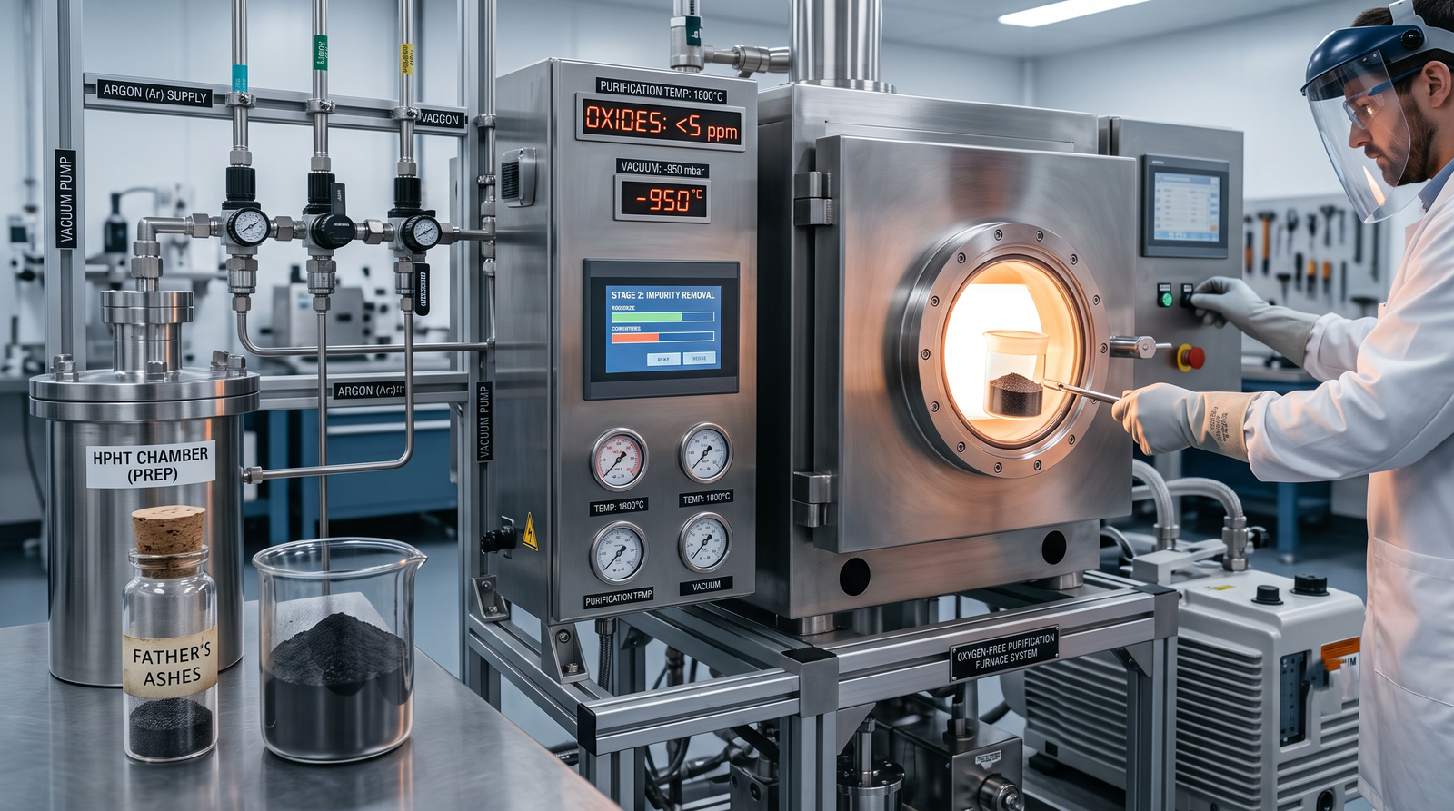 Sealed high-temperature furnace used to purify carbon extracted from cremated remains in an oxygen-free process