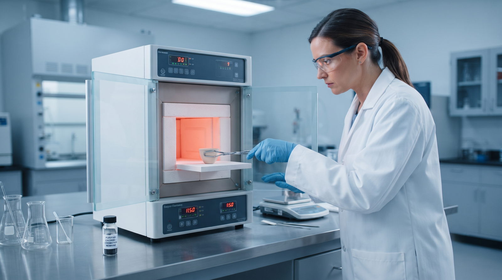 Technician handling purified carbon extracted from cremated remains inside a laboratory furnace enclosure