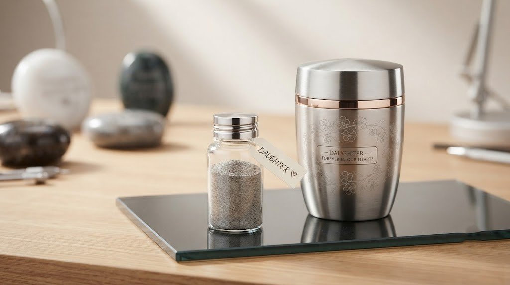A small sealed container holding the ash for a daughter memorial diamond beside a closed urn