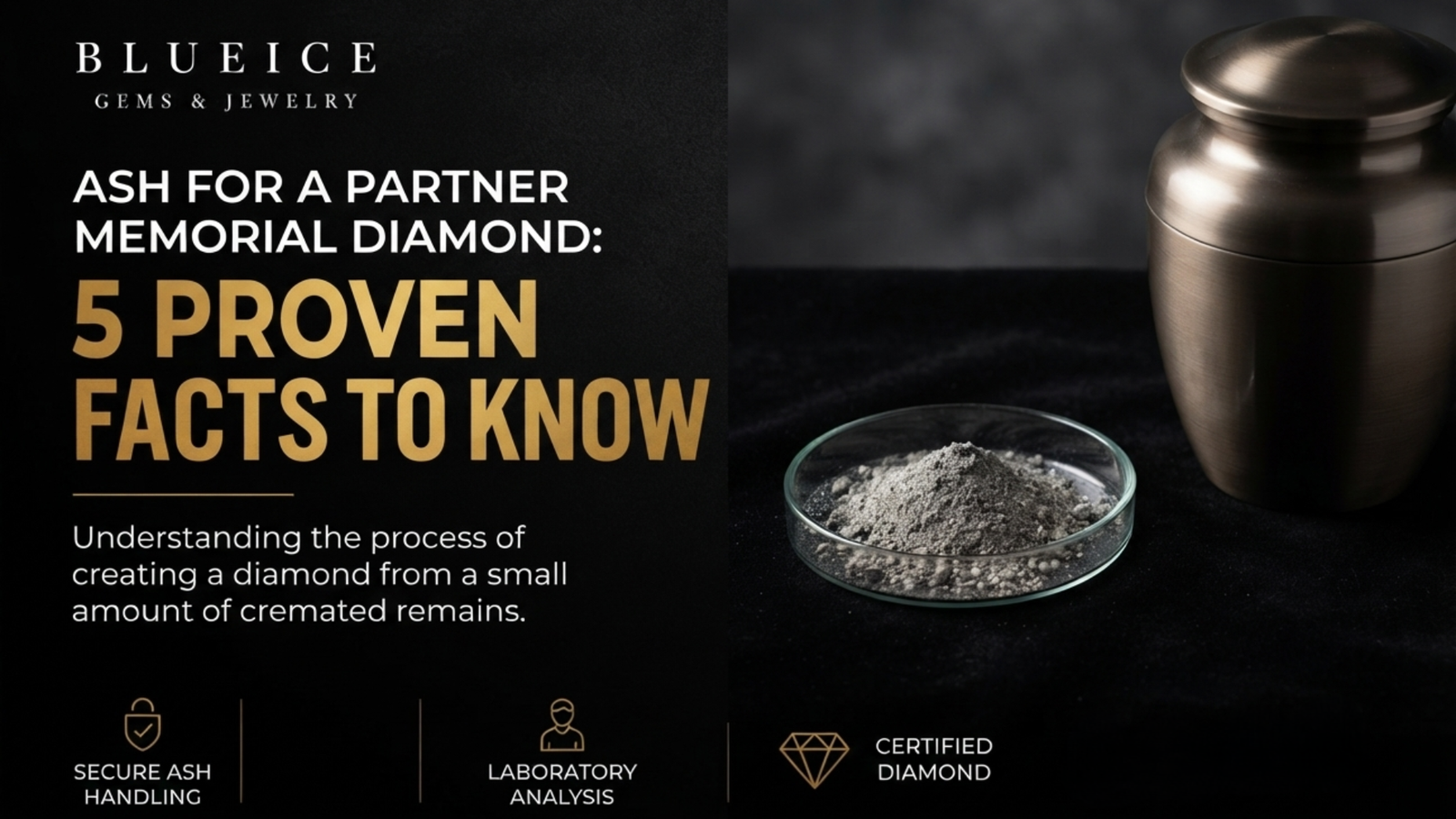 A small measured portion of cremated ashes in a glass dish beside a closed urn, showing how little ash for a partner memorial diamond a laboratory requires