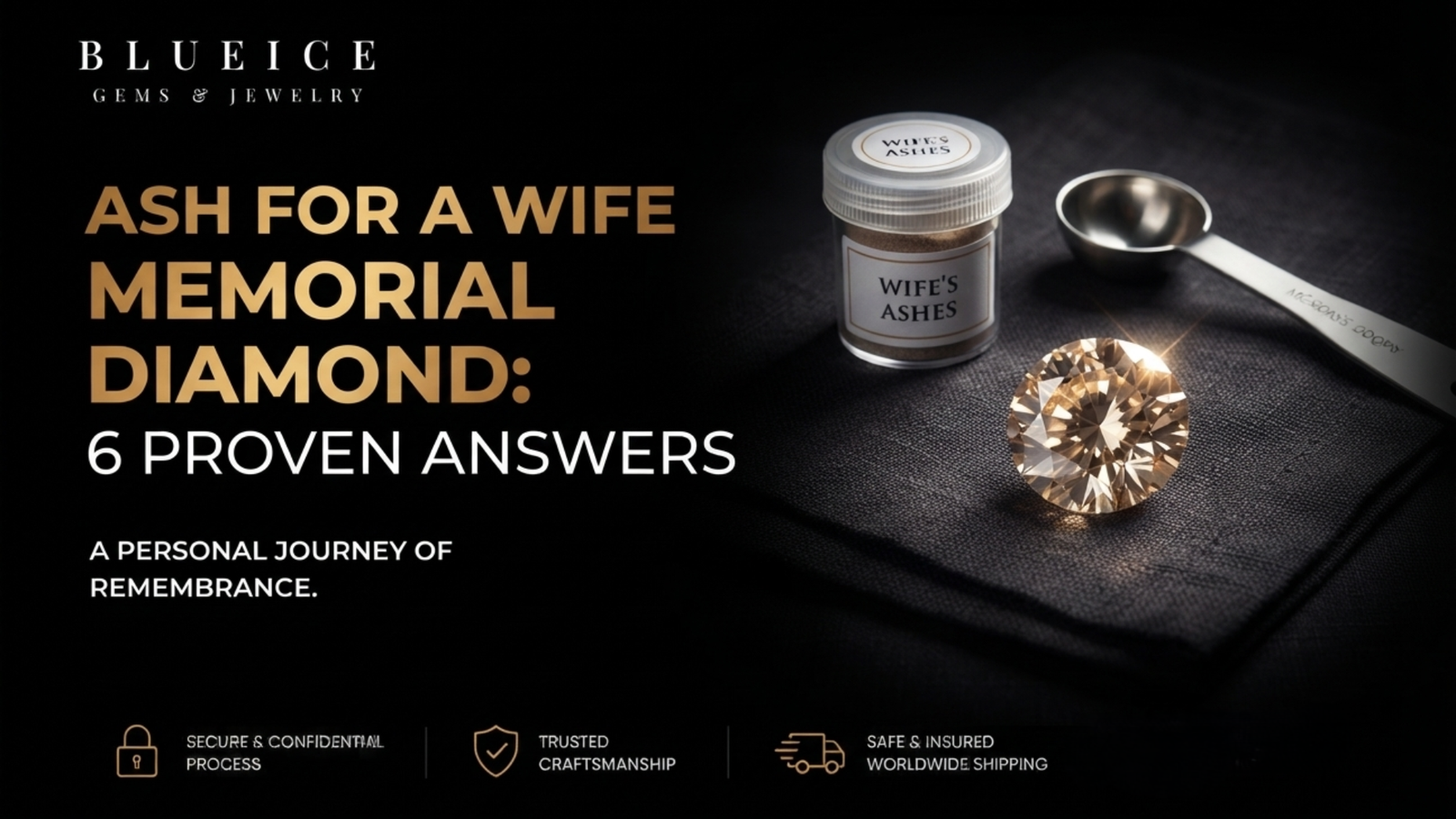 Ash for a wife memorial diamond: a small sealed labeled container beside a measuring spoon and a loose champagne lab-grown diamond on linen