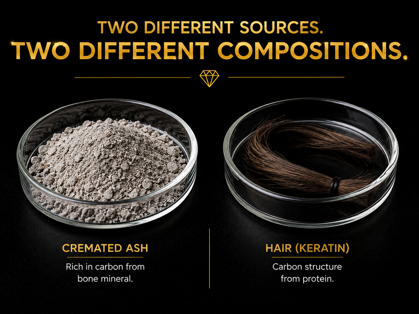 Cremated ash and a cut lock of hair shown side by side in separate labeled laboratory dishes 