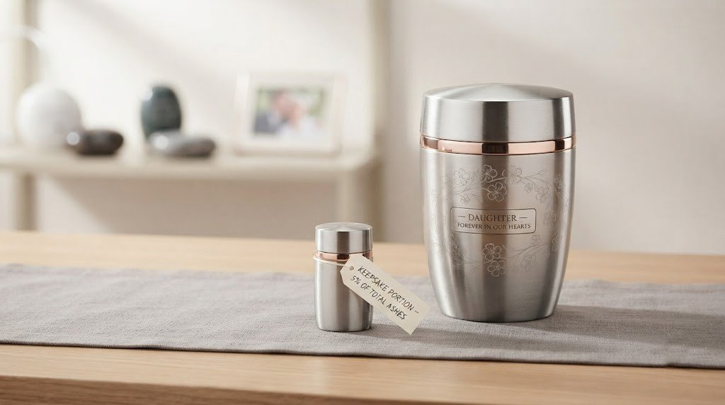 A small labeled keepsake container placed next to a full cremation urn to show the difference in volume
