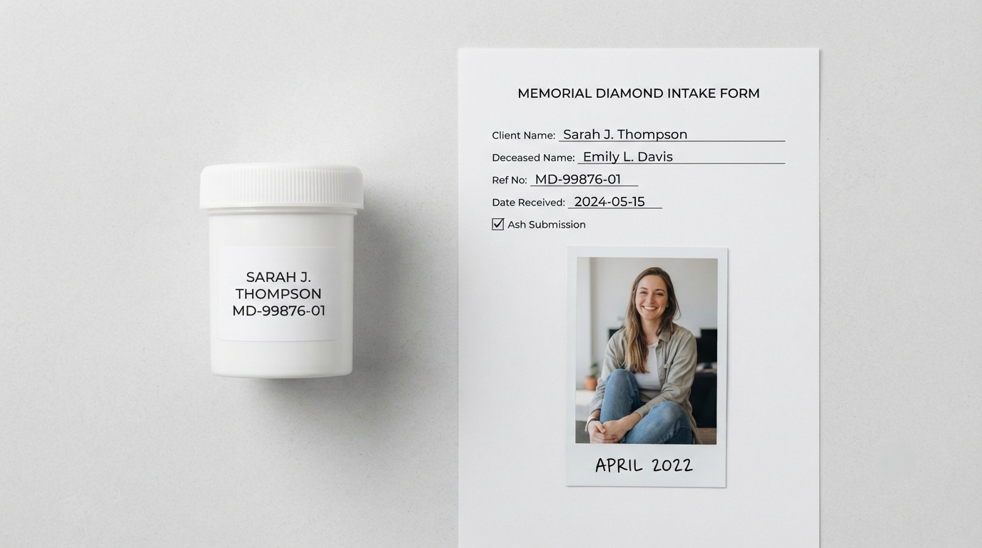 Rigid screw-lid container labeled with a name and reference number, beside a completed submission form and a dated photograph