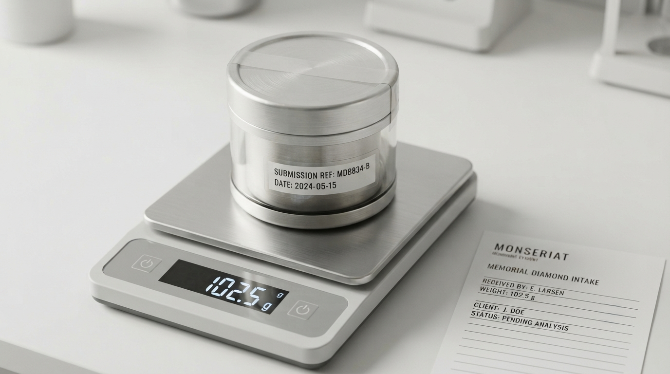 A sealed ash container on a scale, with a submission reference label and a receipt form in view