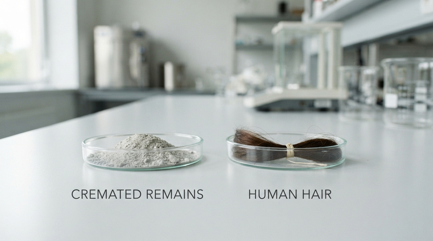 Side-by-side sample of cremated remains and a small lock of hair on a laboratory bench