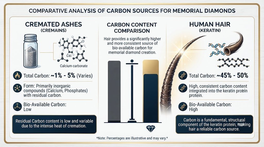 Side-by-side chart comparing the carbon content of cremated ashes and human hair