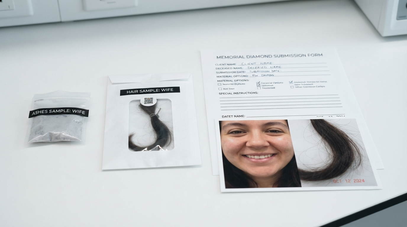 Sealed ash container and labeled hair envelope beside a completed submission form and a dated photograph