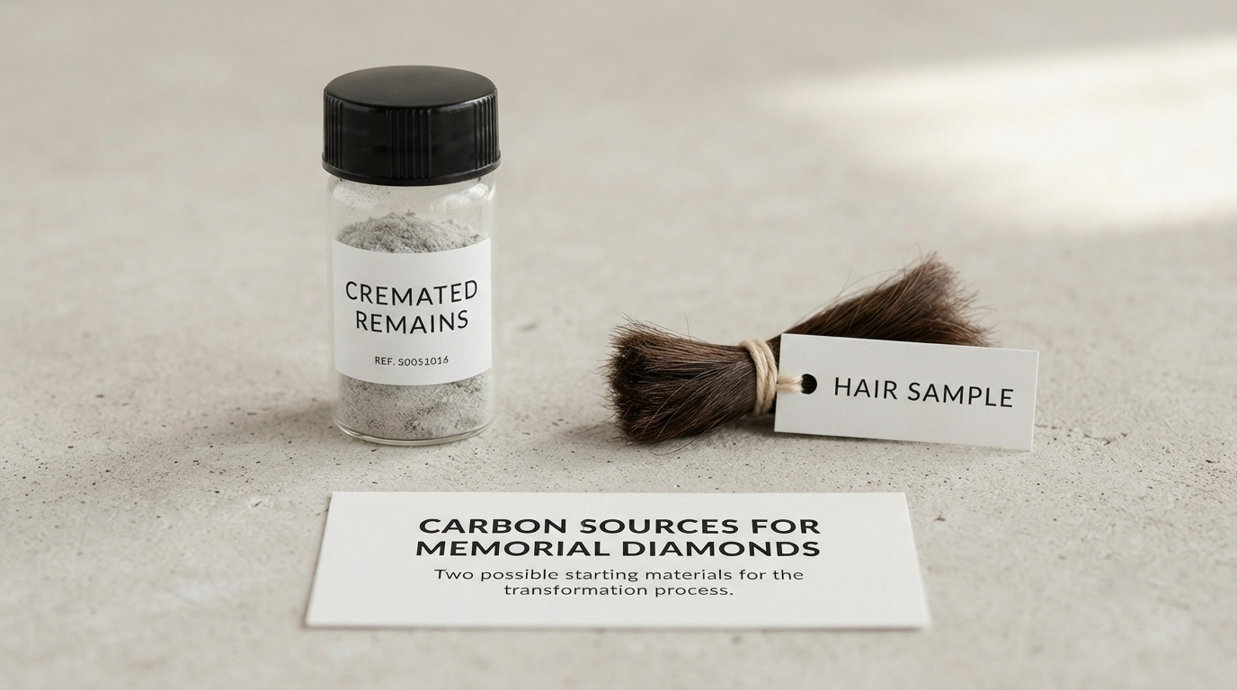 A sealed vial of cremated remains beside a small lock of hair tied with thread, showing the two possible carbon sources