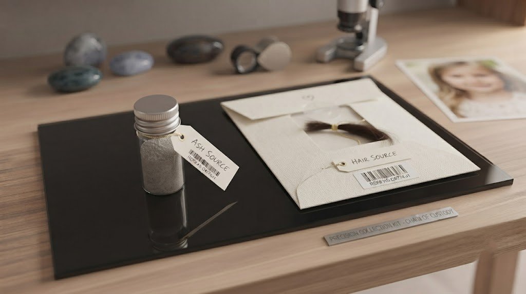 A small ash container and a paper envelope holding a lock of hair, each carrying its own label and reference number