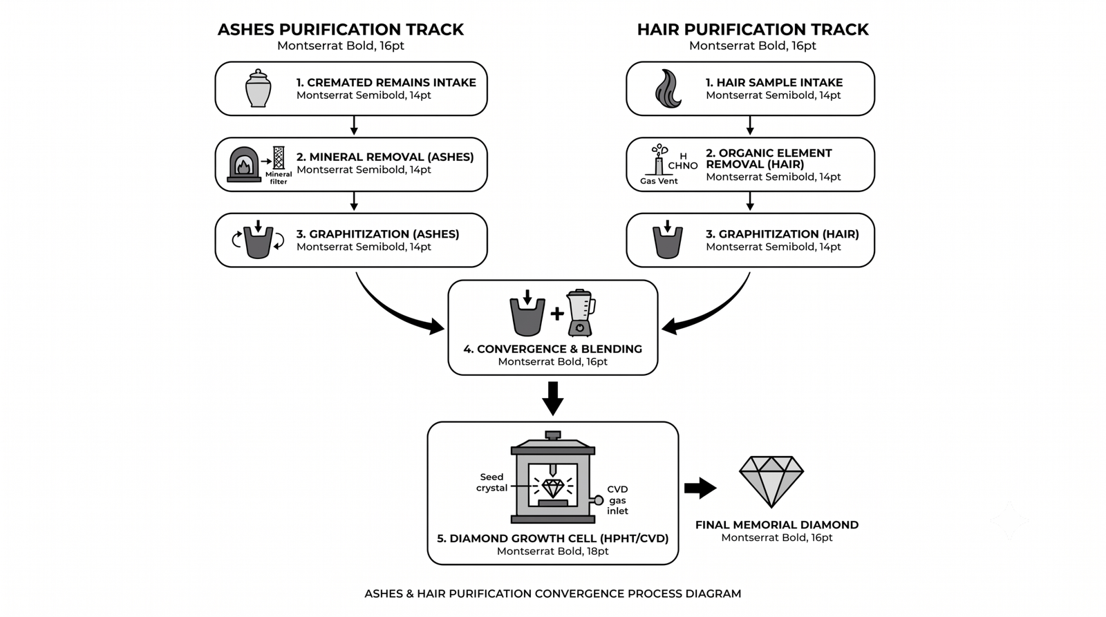 A diagram showing two separate purification tracks converging at the graphite stage into one growth cell