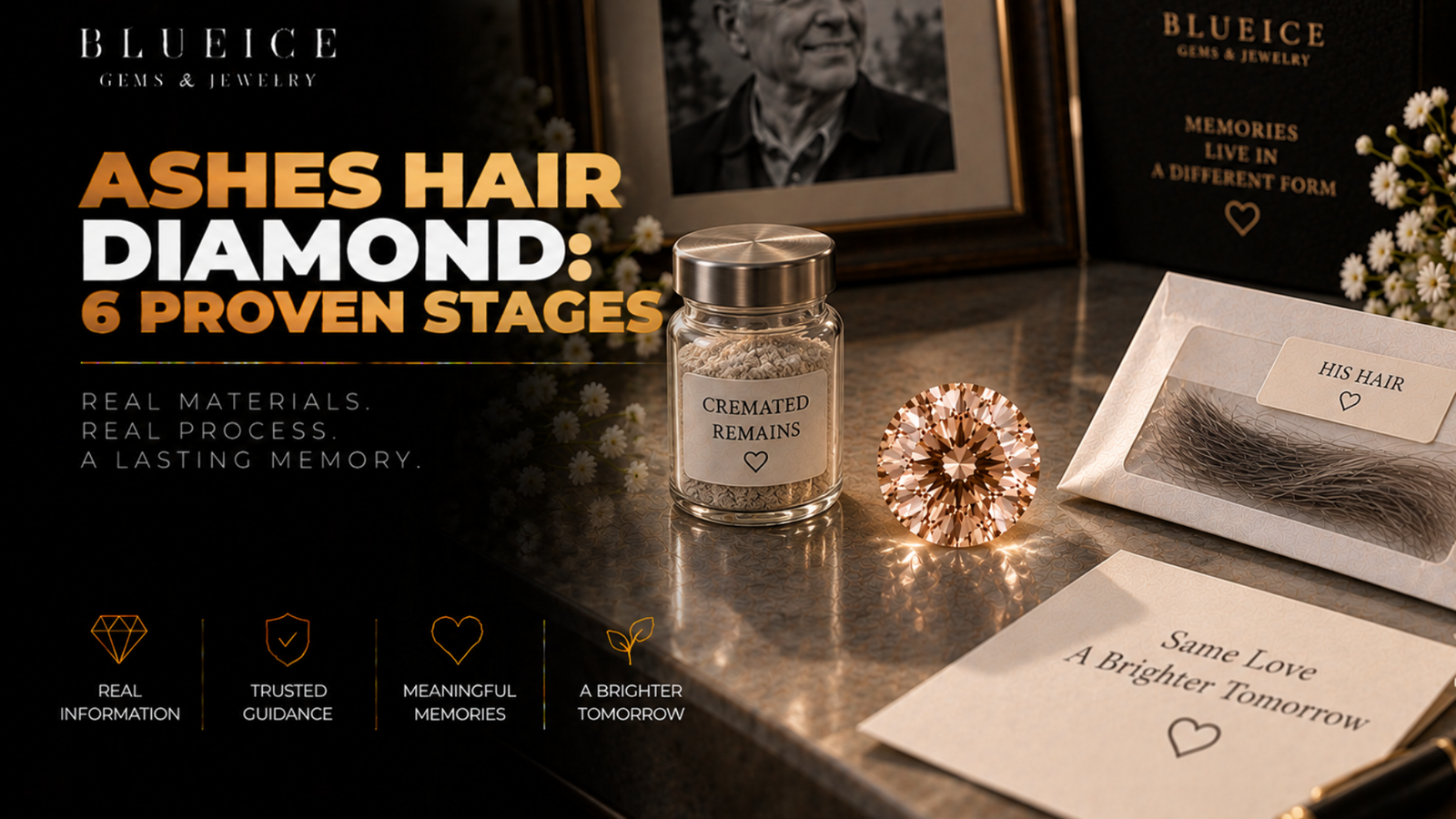 Ashes hair diamond: a small container of cremated remains and a labelled envelope of hair on either side of a champagne-toned lab-grown diamond