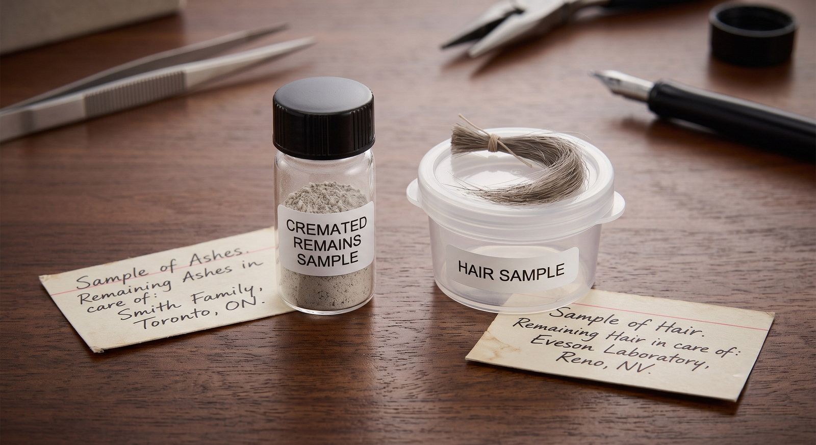 Two small labeled containers, one of cremated remains and one of hair, with a handwritten note beside each recording who holds the rest